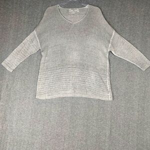 GRIZAS WOMENS GRAY WASHED 100% LINEN 3/4 SLEEVE LAGENLOOK V-NECK SWEATER SZ L